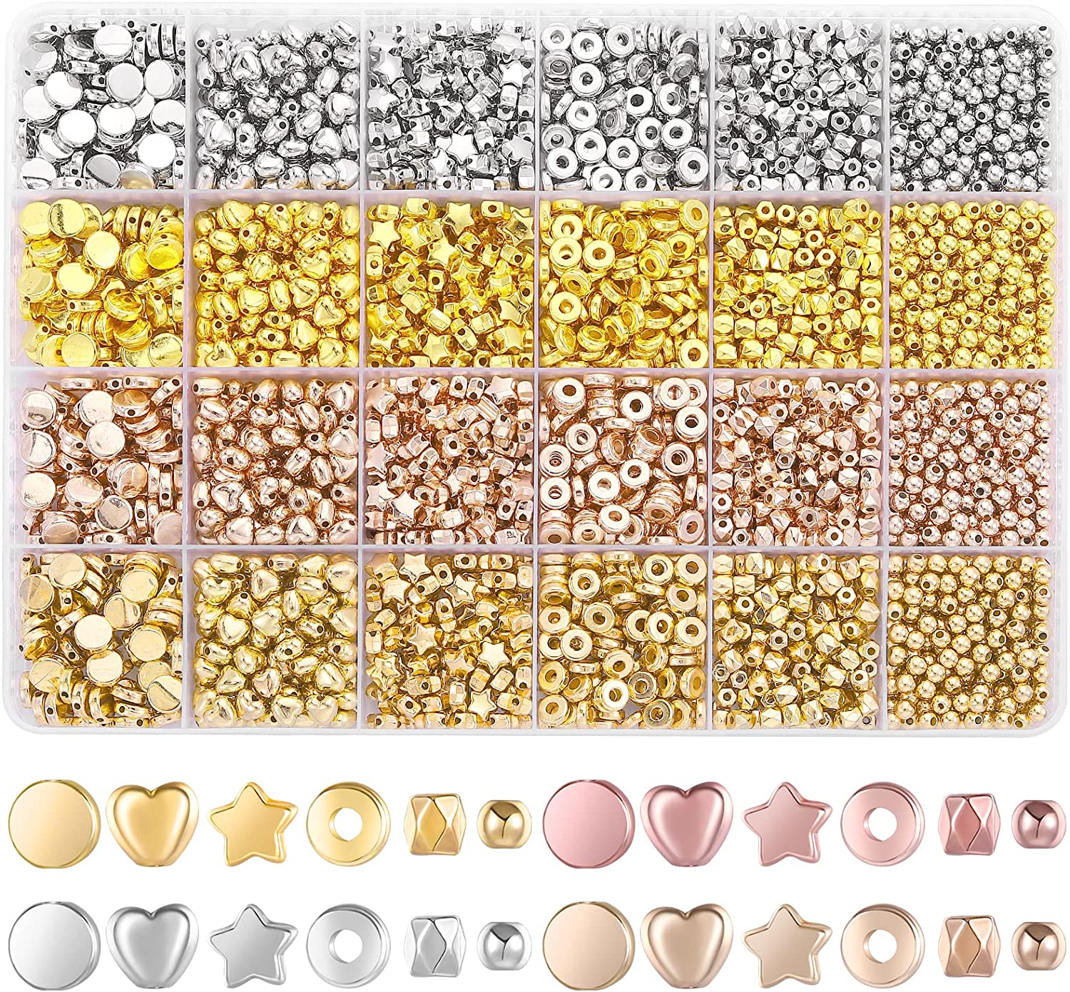 3600 Pieces Gold Spacer Beads for Bracelets Necklaces Jewelry Making, Bracelet Beads, Round Beads and Star Beads-(Gold, Sliver, Rose Gold, KC Gold)-DIY image 0