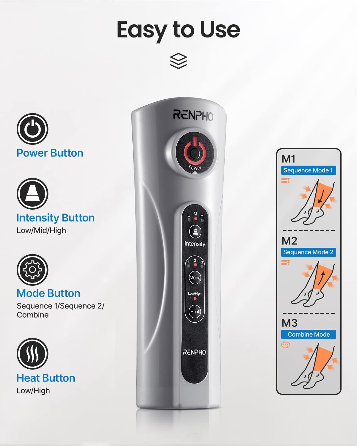 Renpho Leg Massager with Heat, Pu Leather Easy to Clean, Calf Thigh Foot Massage, Adjustable Wrap fit Most Size, 2 Heating, 3 Modes, 3 Intensities, Gifts for Men Women Dad Mom image 6