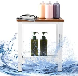 Shower Bench, Bath Stool with Adjustable Height Spa Sauna Seat with 2-Tier Storage Shelf, Maintenance-Free, Rubber Feet for 300 lbs Weight Capacity image 2