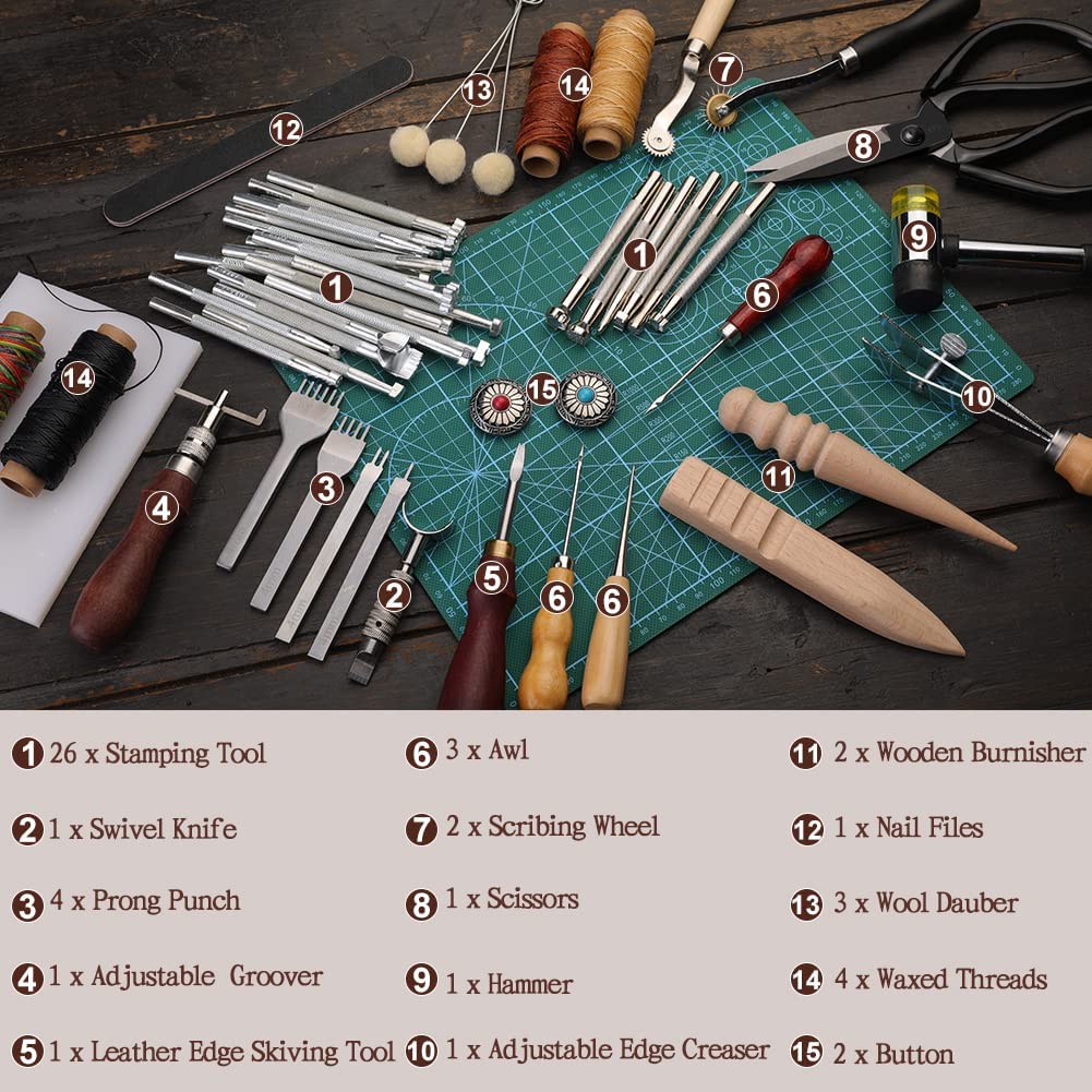 243Pcs Leather Working Tools and Supplies with Instruction, Leather Stamping Tools, Snaps and Fasteners Kit, Waxed Thread Cord, Cutting Mat, Leather Tooling Starter Kit for DIY Leather Craft image 1