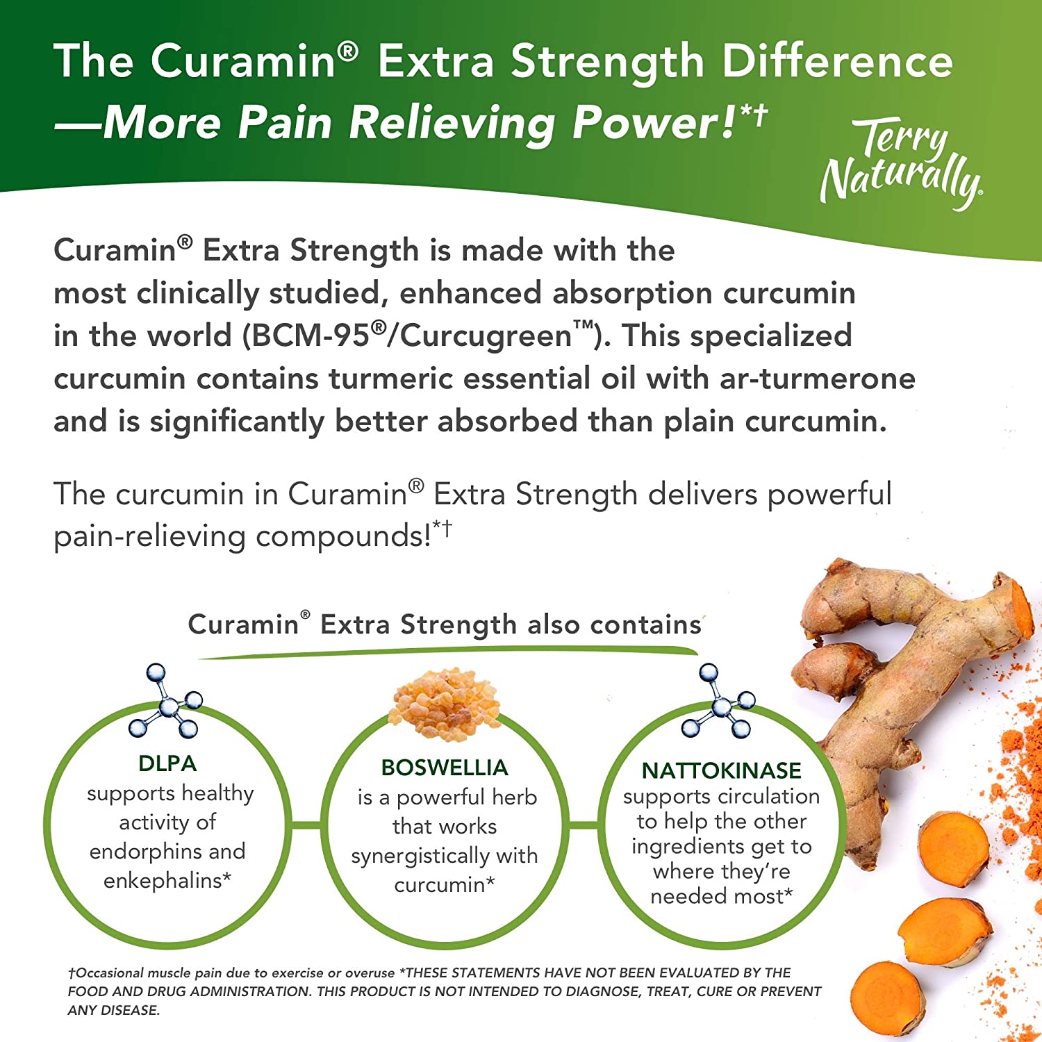 Terry Naturally Curamin Extra Strength - 120 Vegan Tablets - Non-Addictive Pain Relief Supplement with Curcumin from Turmeric, Boswellia &amp; DLPA - Non-GMO, Gluten-Free - 40 Servings image 2