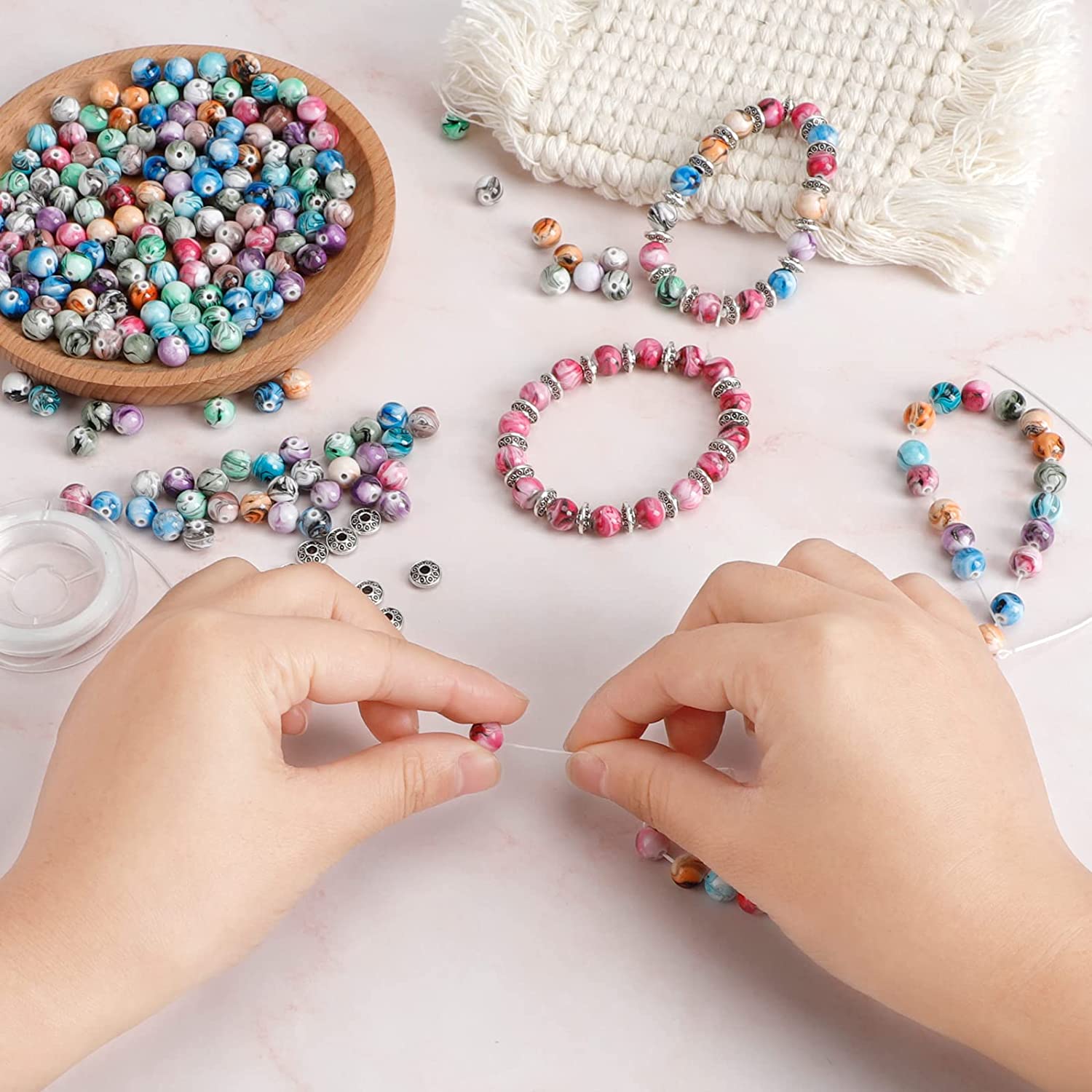 Quefe 500pcs Craft Beads for Jewelry Making, for Bracelets Making,Space Acrylic Beads in Ink Patterns with 50pcs Spacer Beads and Crystal String (8mm) image 5