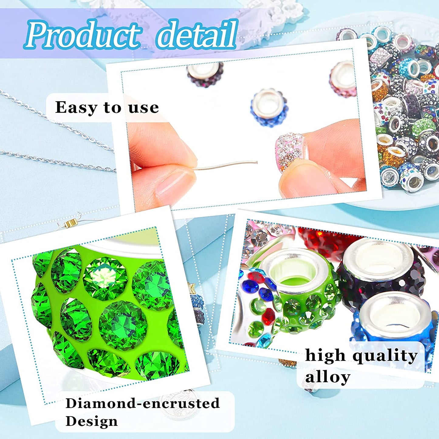 150 Pieces 12 mm Large Hole Rhinestone European Beads Large Hole Rondelle Spacer Beads Rondelle Slide Charm Beads Diamond Hair Beads Polymer Clay European Spacer Beads for DIY Jewelry (Mix Colors) image 3