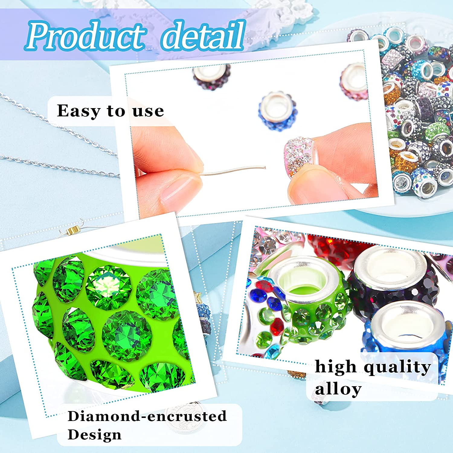 150 Pieces 12 mm Large Hole Rhinestone European Beads Large Hole Rondelle Spacer Beads Rondelle Slide Charm Beads Diamond Hair Beads Polymer Clay European Spacer Beads for DIY Jewelry (Mix Colors) image 3