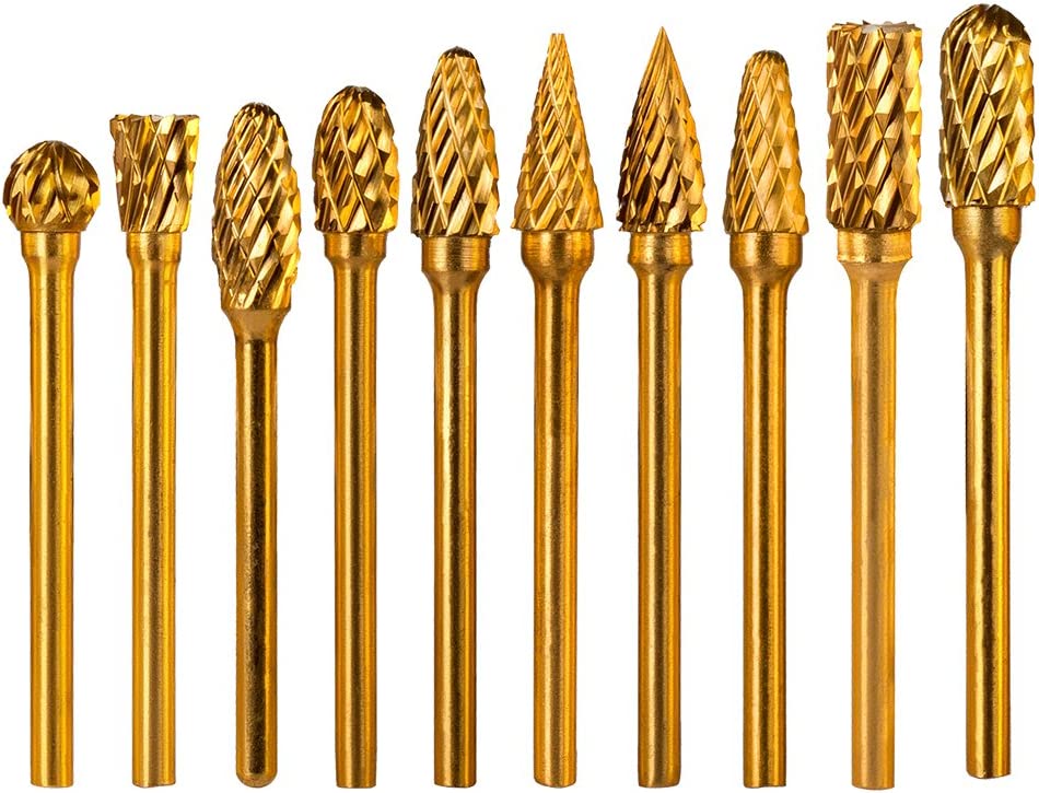 Double Cut Titanium Carbide Rotary Burr Set - Rocaris 10 Pieces 1/8"(3mm) Shank and 1/4"(6 mm) Head SizeTungsten Steel, for Woodworking, Drilling, Metal Craving, Engraving, Polishing image 0