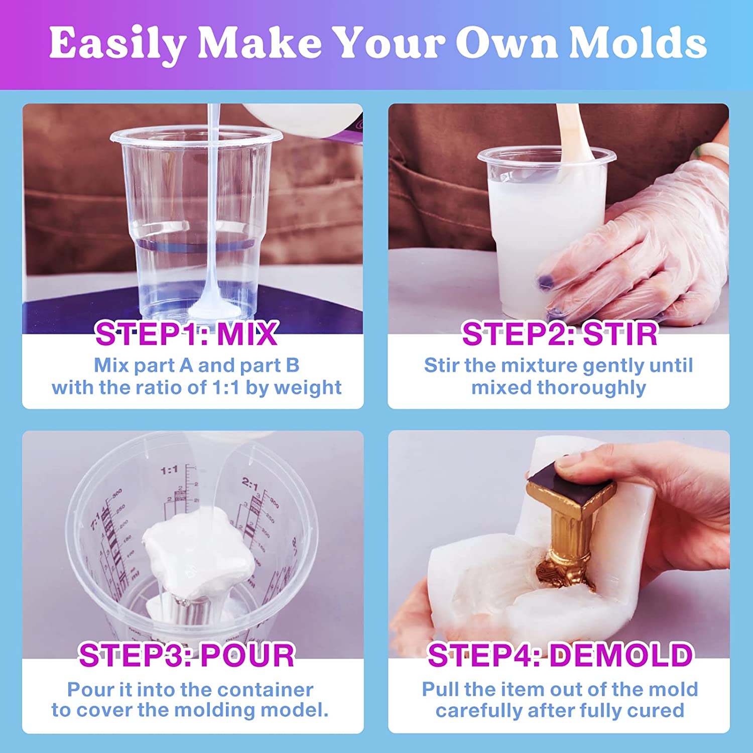 LET'S RESIN Silicone Mold Making Kit 63.48oz/3.968lbs,Non-Toxic Mold Making Silicone Rubber, Platinum Silicone Mold Maker,Clear Liquid Molding Silicone Kit for Resin Molds, Silicone Molds Making image 5