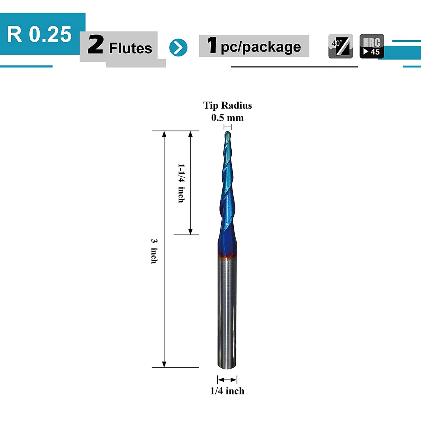 SPEED TIGER ITBTA Tapered End Mill- CNC Carving Bits, Ball Tip R0.25, 1/4"Shank 3"OVL for Wood/Alloy Steels/Hardened Steels-Made in Taiwan image 4