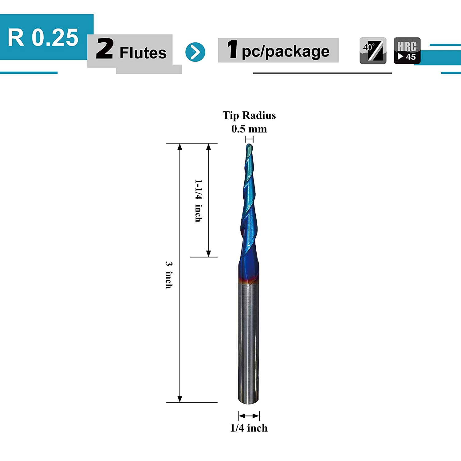SPEED TIGER ITBTA Tapered End Mill- CNC Carving Bits, Ball Tip R0.25, 1/4"Shank 3"OVL for Wood/Alloy Steels/Hardened Steels-Made in Taiwan image 4