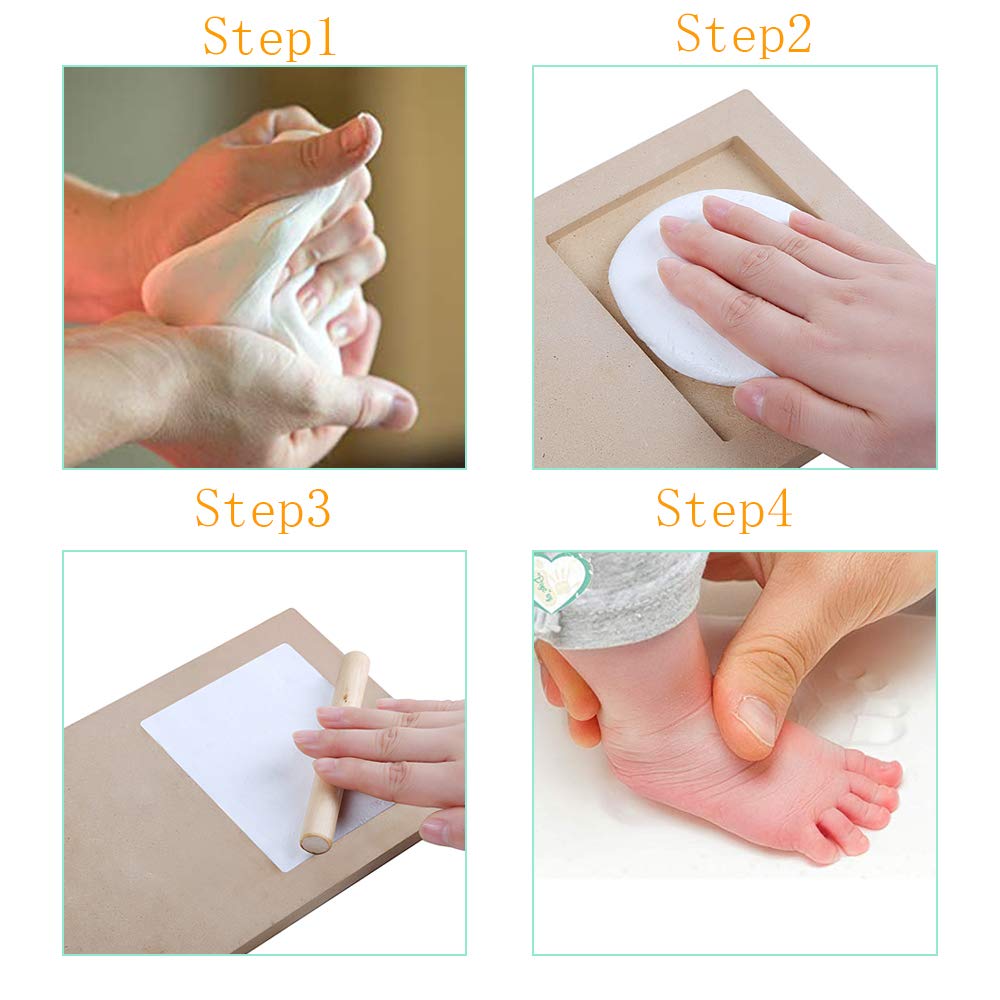 Baby Hand &amp; Footprint Kit, Newborn Keepsake Box in Rustic Farmhouse Frame, Clay Baby Casting Kit for Baby Shower Gifts, Boys &amp; Girls - Baby Nursery Decor - Bonus Stencil Included (Grey) image 5