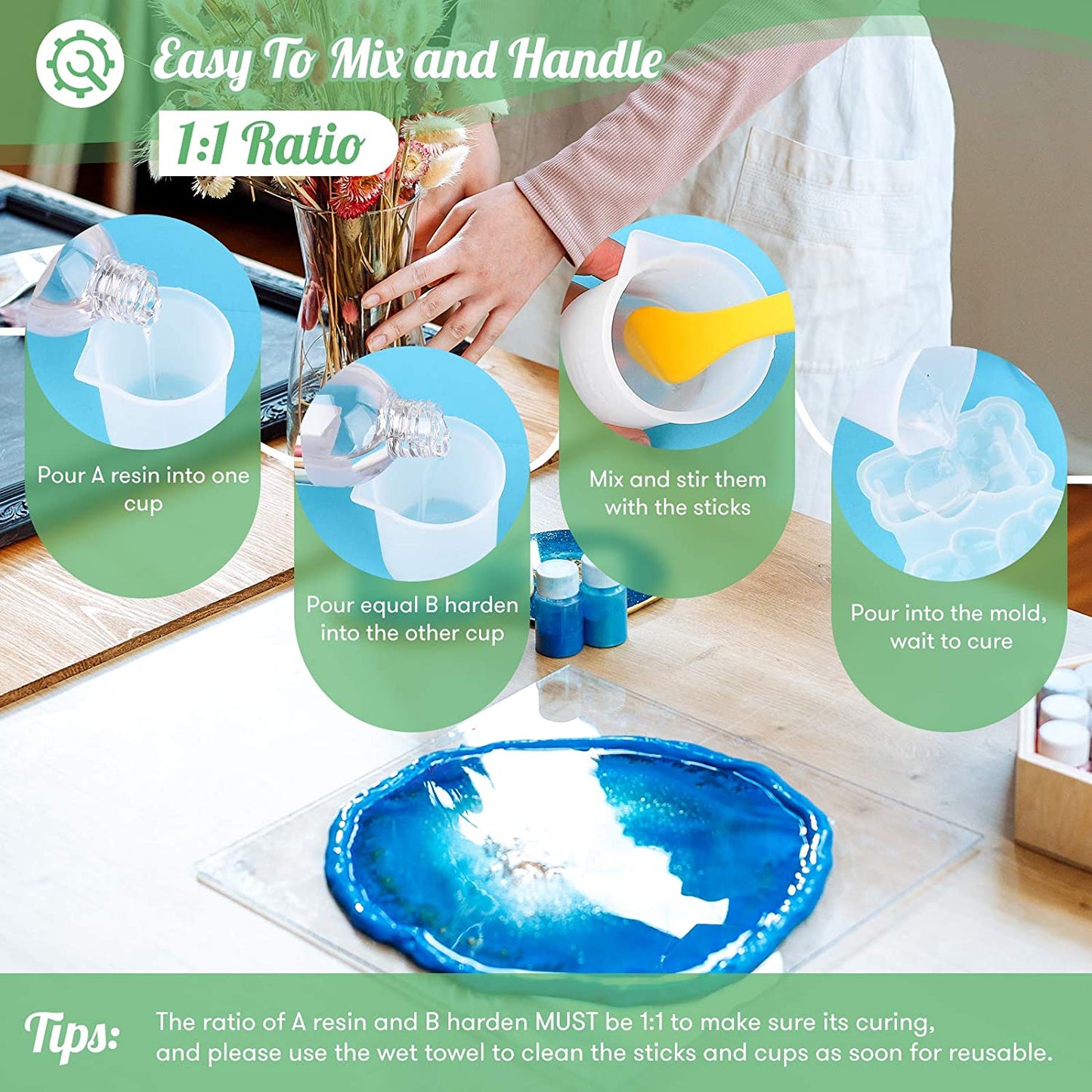 16oz Epoxy Resin Kit- Crystal Clear Resin Kits - Casting Resin for Art, River Table Tops, Jewelry, DIY Craft - Easy Mix by 1:1 Ratio with Silicone Measuring Cups - Good Resin for Beginners image 3
