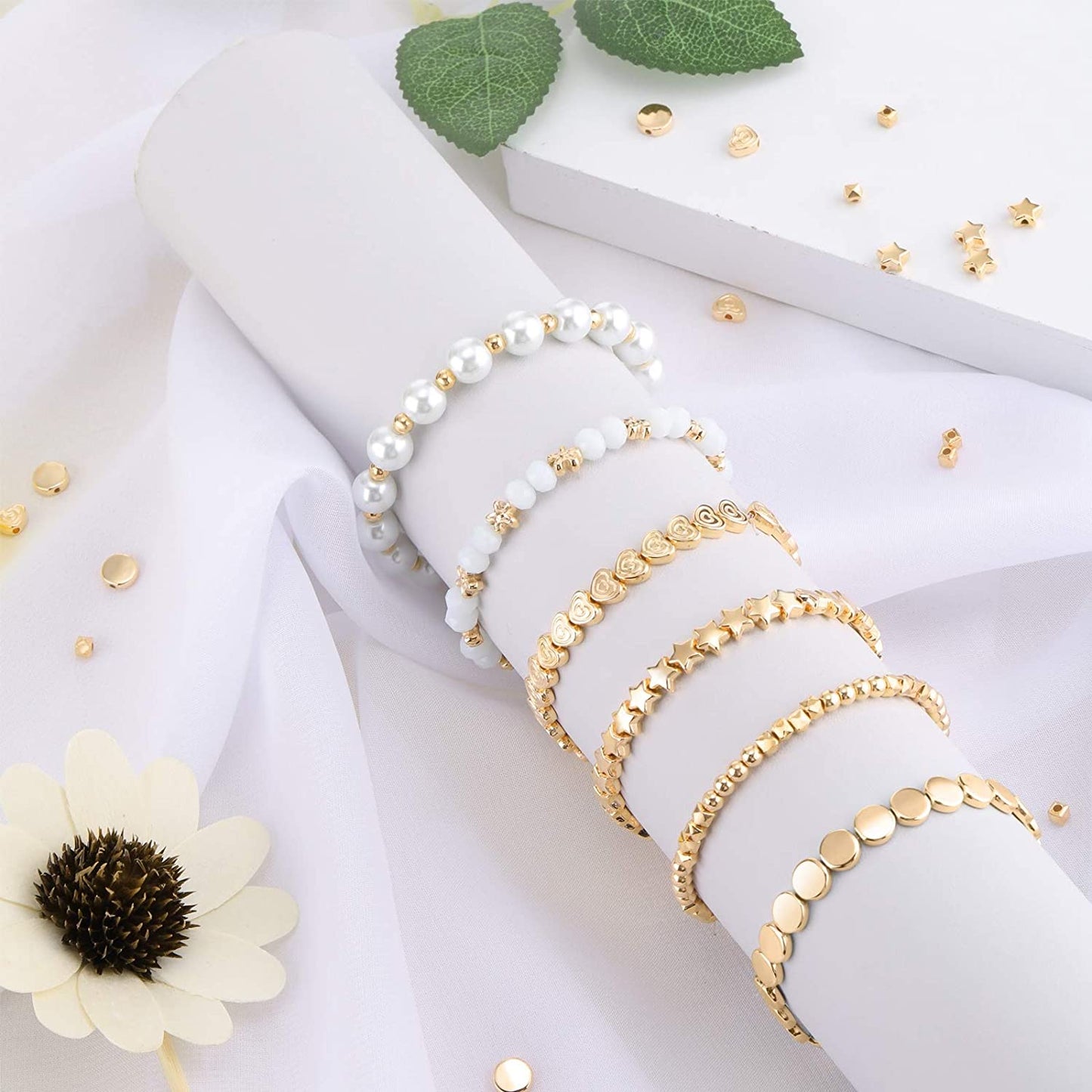 1200 Pieces Spacer Beads Set Star Beads Round Ball Beads Rondelle Faceted Spacer Beads Heart Beads Flower Beads Flat Disc Beads Loose Beads for Bracelet Earring Necklace Jewelry Making (Gold) image 4