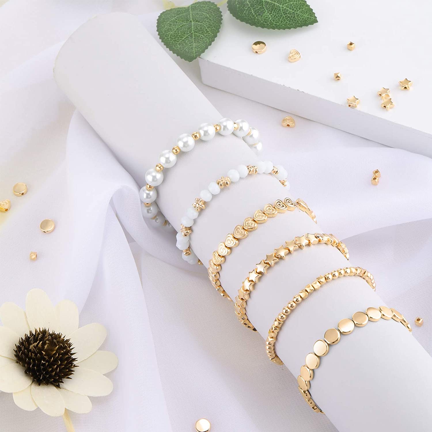 1200 Pieces Spacer Beads Set Star Beads Round Ball Beads Rondelle Faceted Spacer Beads Heart Beads Flower Beads Flat Disc Beads Loose Beads for Bracelet Earring Necklace Jewelry Making (Gold) image 4
