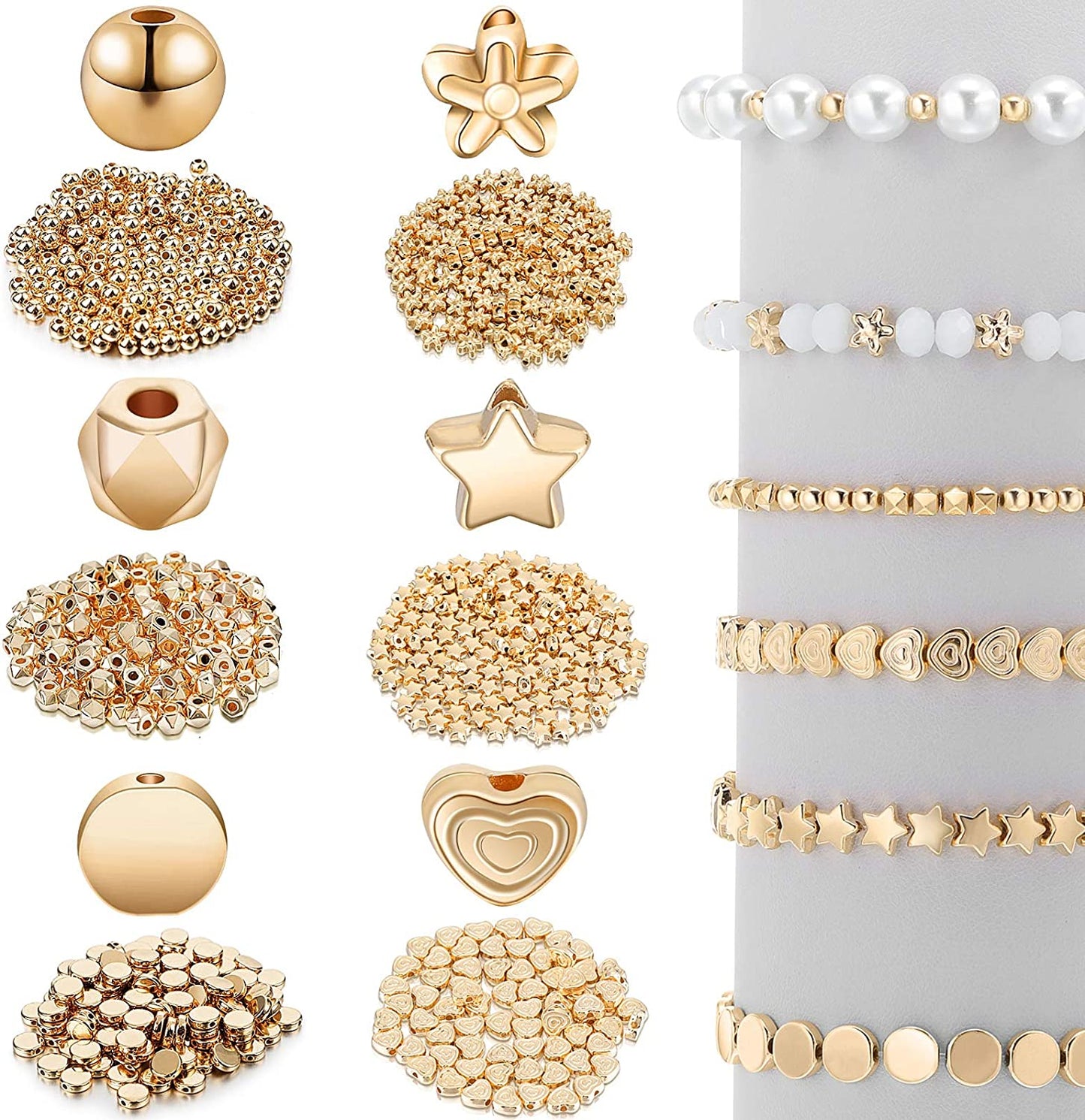 1200 Pieces Spacer Beads Set Star Beads Round Ball Beads Rondelle Faceted Spacer Beads Heart Beads Flower Beads Flat Disc Beads Loose Beads for Bracelet Earring Necklace Jewelry Making (Gold) image 0