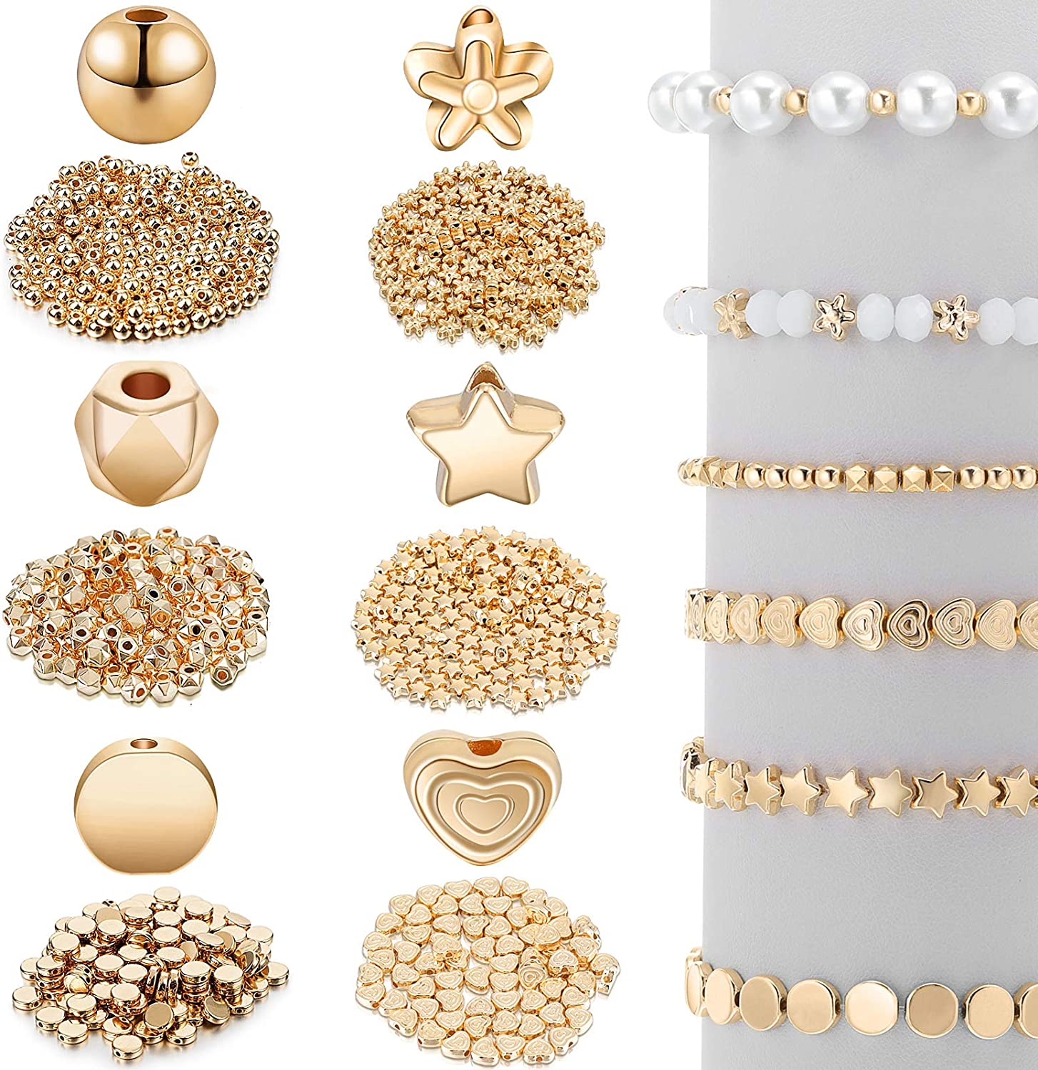 1200 Pieces Spacer Beads Set Star Beads Round Ball Beads Rondelle Faceted Spacer Beads Heart Beads Flower Beads Flat Disc Beads Loose Beads for Bracelet Earring Necklace Jewelry Making (Gold) image 0
