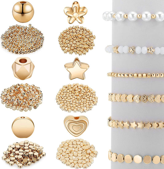 1200 Pieces Spacer Beads Set Star Beads Round Ball Beads Rondelle Faceted Spacer Beads Heart Beads Flower Beads Flat Disc Beads Loose Beads for Bracelet Earring Necklace Jewelry Making (Gold) image 0