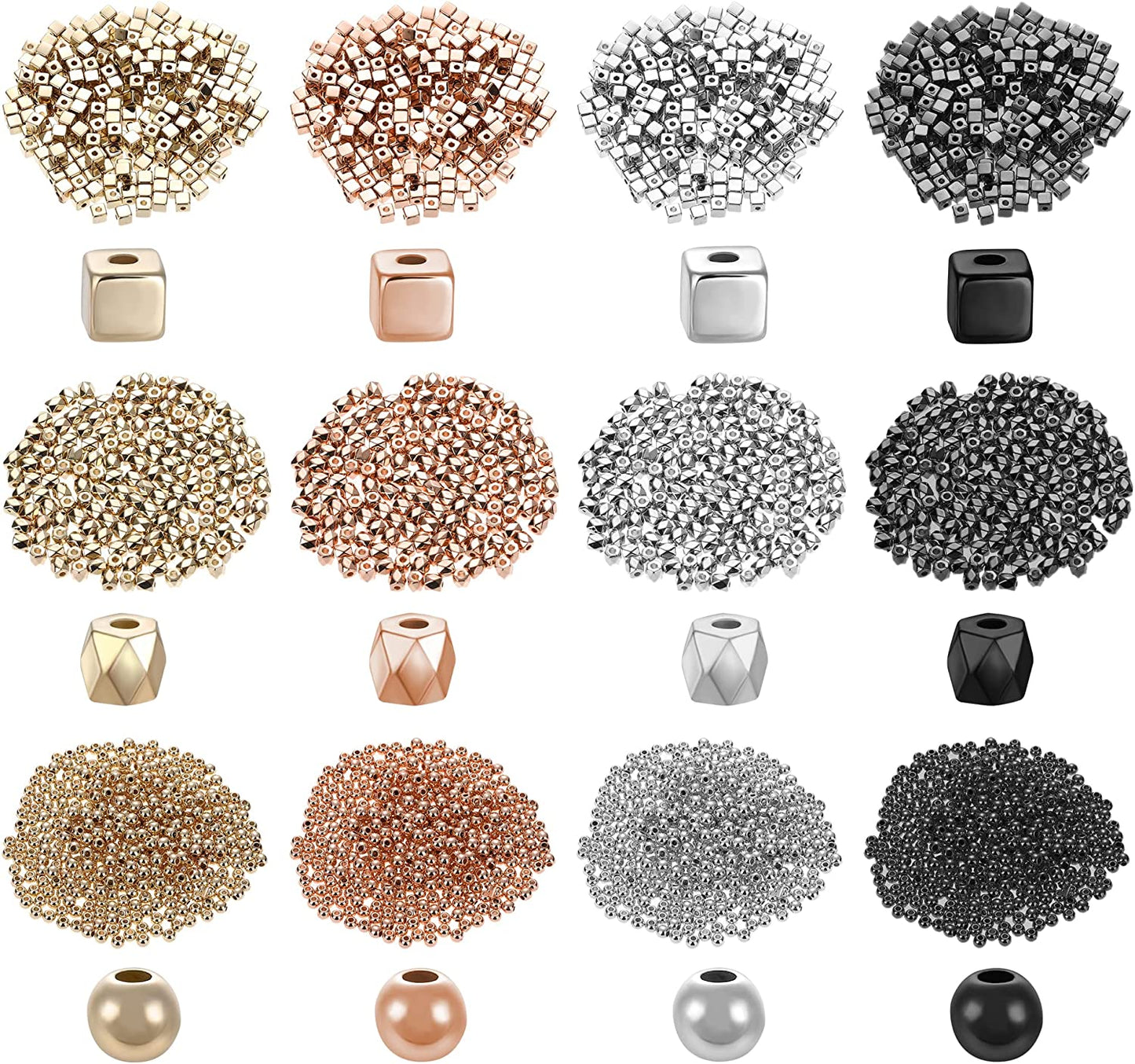 3200Pcs Assorted Spacer Beads Bulk Loose Gold Beads Faceted Rondelle Cube Round Column Rhombus Bead for DIY Jewelry Bracelets Earring Necklace Making , 6 Styles (Gold, Silver, Rose Gold) image 0