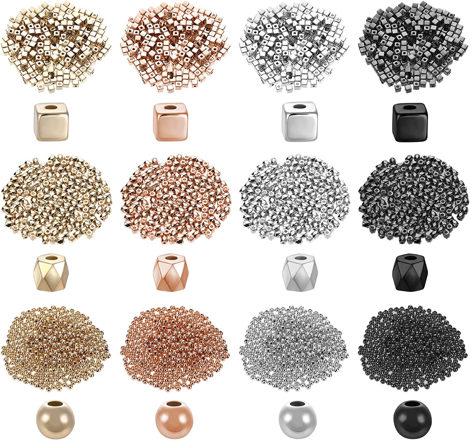 3200Pcs Assorted Spacer Beads Bulk Loose Gold Beads Faceted Rondelle Cube Round Column Rhombus Bead for DIY Jewelry Bracelets Earring Necklace Making , 6 Styles (Gold, Silver, Rose Gold) image 0