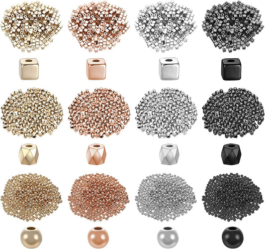 3200Pcs Assorted Spacer Beads Bulk Loose Gold Beads Faceted Rondelle Cube Round Column Rhombus Bead for DIY Jewelry Bracelets Earring Necklace Making , 6 Styles (Gold, Silver, Rose Gold) image 0