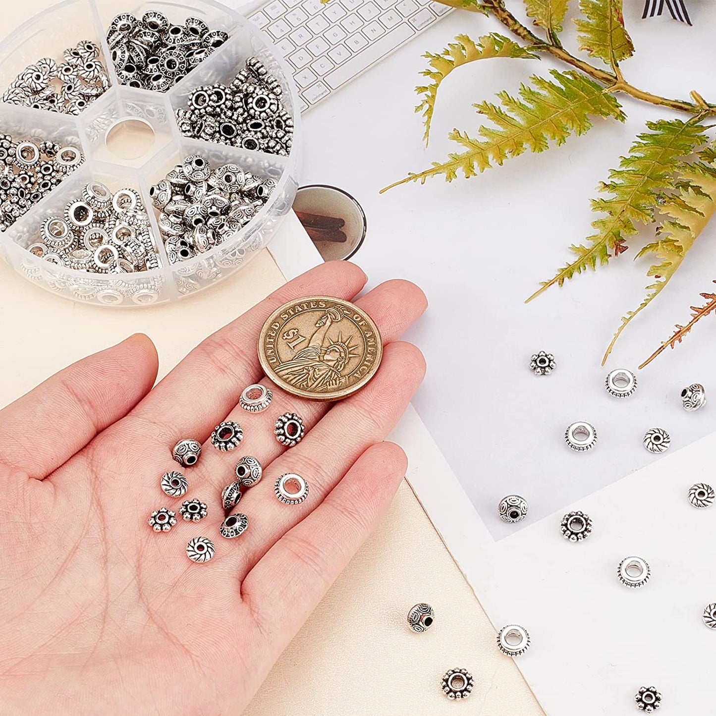 PH PandaHall 300pcs 6 Style Antique Silver Spacer Beads, Tibetan Metal Alloy Jewelry Beads Tube Spacers Flower Flat Rondelle Small Loose Beads for Bracelet Necklace Earring Jewelry Making Supplies image 4