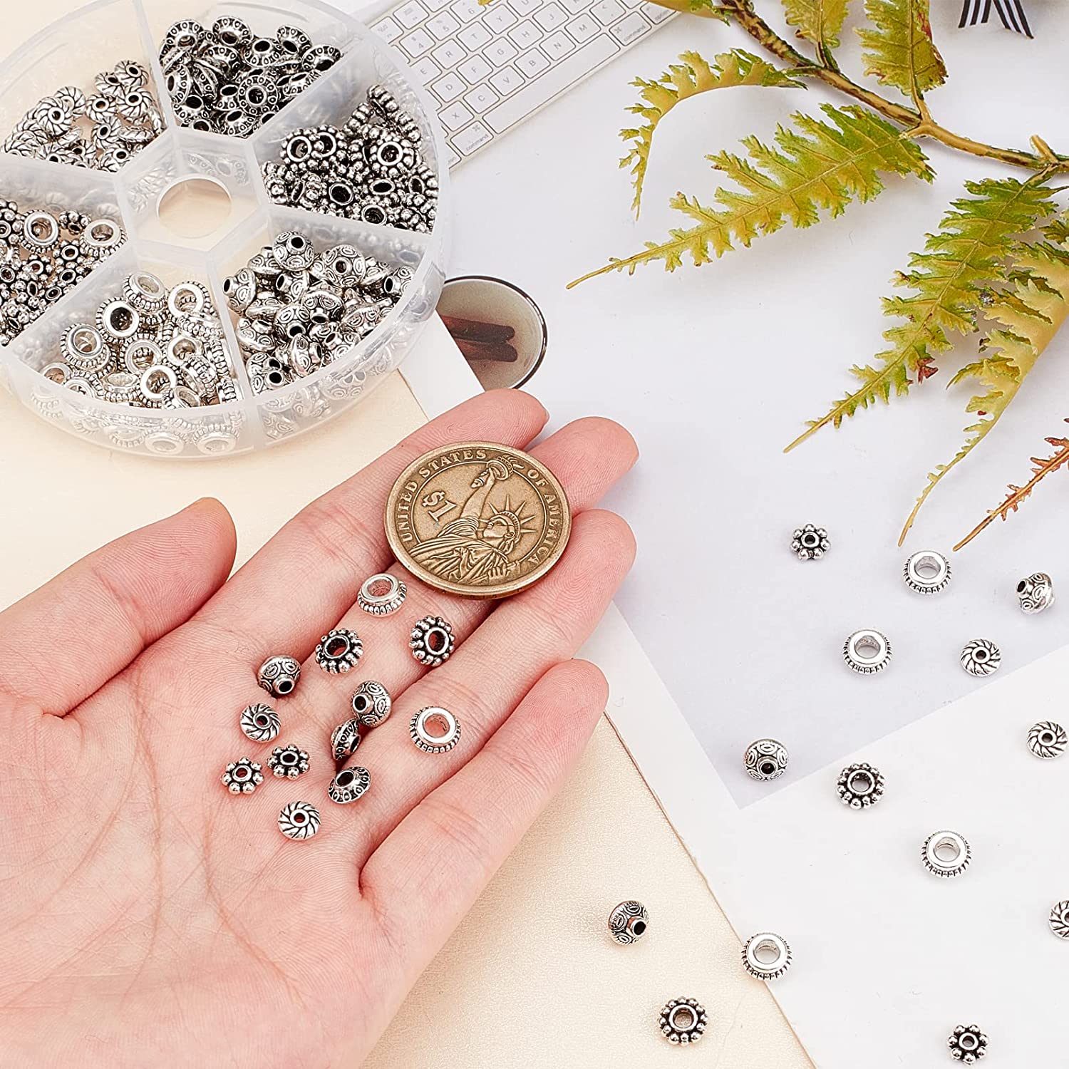 PH PandaHall 300pcs 6 Style Antique Silver Spacer Beads, Tibetan Metal Alloy Jewelry Beads Tube Spacers Flower Flat Rondelle Small Loose Beads for Bracelet Necklace Earring Jewelry Making Supplies image 4
