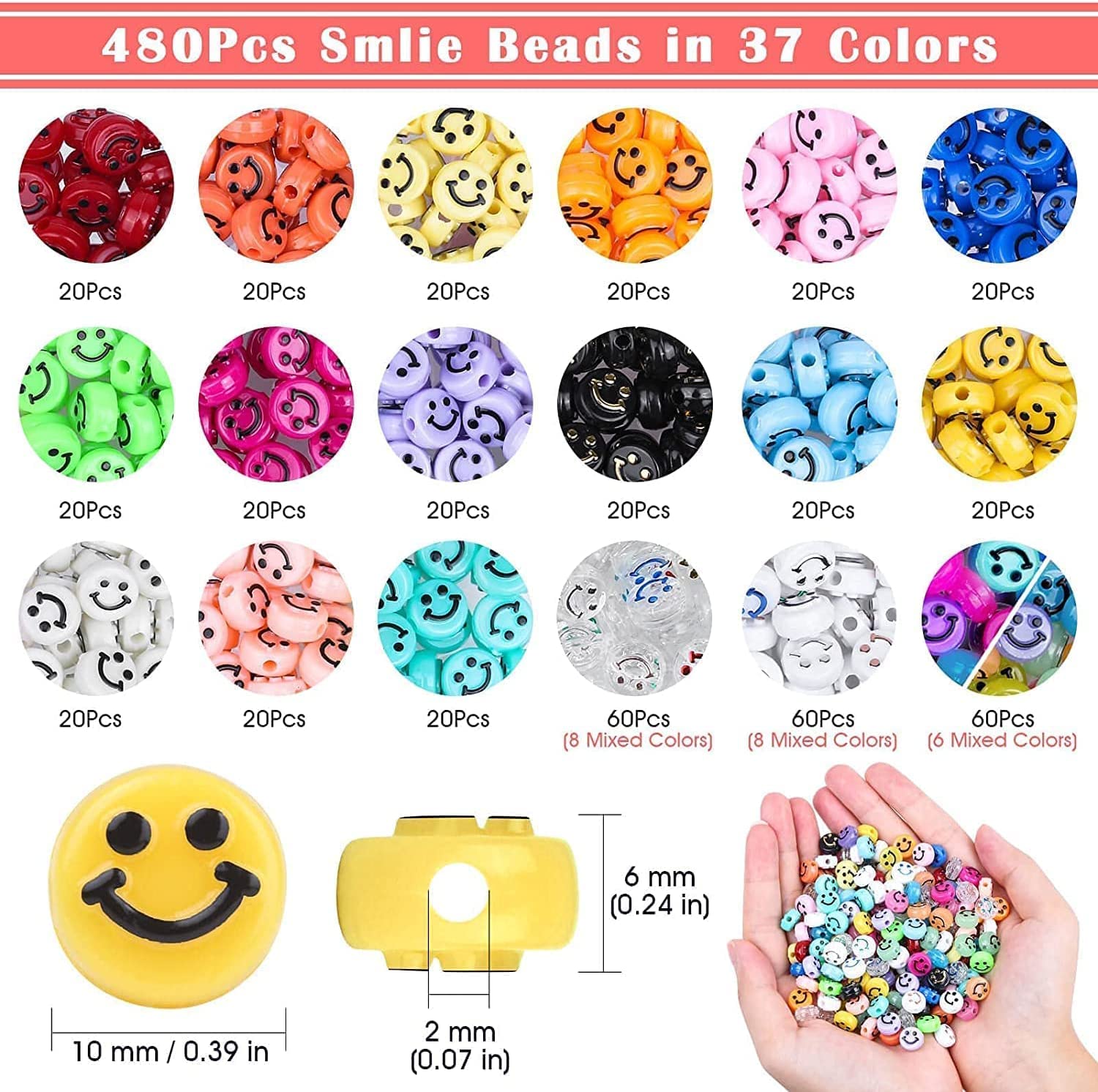 480Pcs 37 Colors Smiley Face Beads, Acrylic Smile Beads Bracelets Making Beads with 60Pcs Glowing Luminous Mixed for Jewelry Making Christmas Gift Bracelet Earring Necklace DIY Craft Supplies. image 1