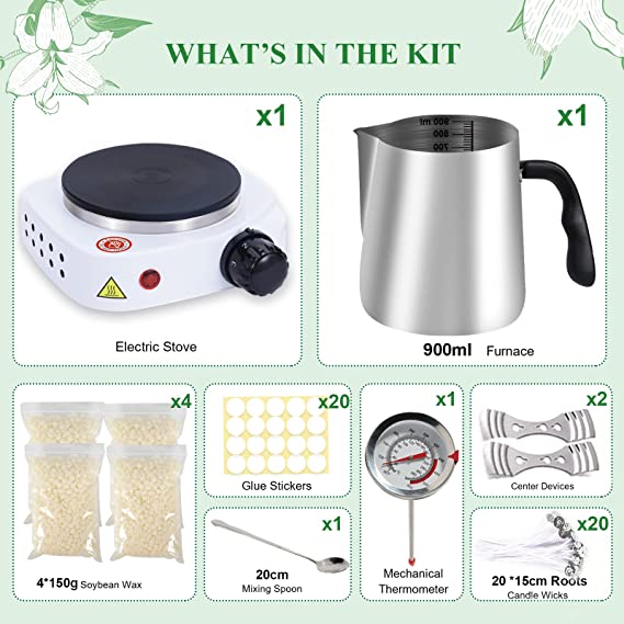 Candle Making Kit,Easy to Make Candle Soy Wax Kit,Including Soy Wax, Wicks,Melting Pot with Heat-Resistant Handle,Making Kit with Wax Melter hot Plate image 1