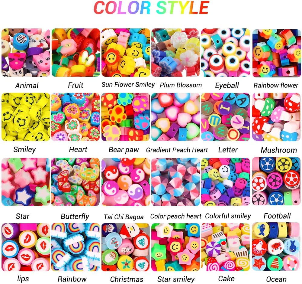 JOICEE 480PCS Fruit Flower Polymer Clay Beads, 24 Style Cute Smiley Heart Mushroom Clay Beads Charms for Jewelry Necklace Earring Making, DIY Bracelet Making Kit Accessories for Women Girls image 2