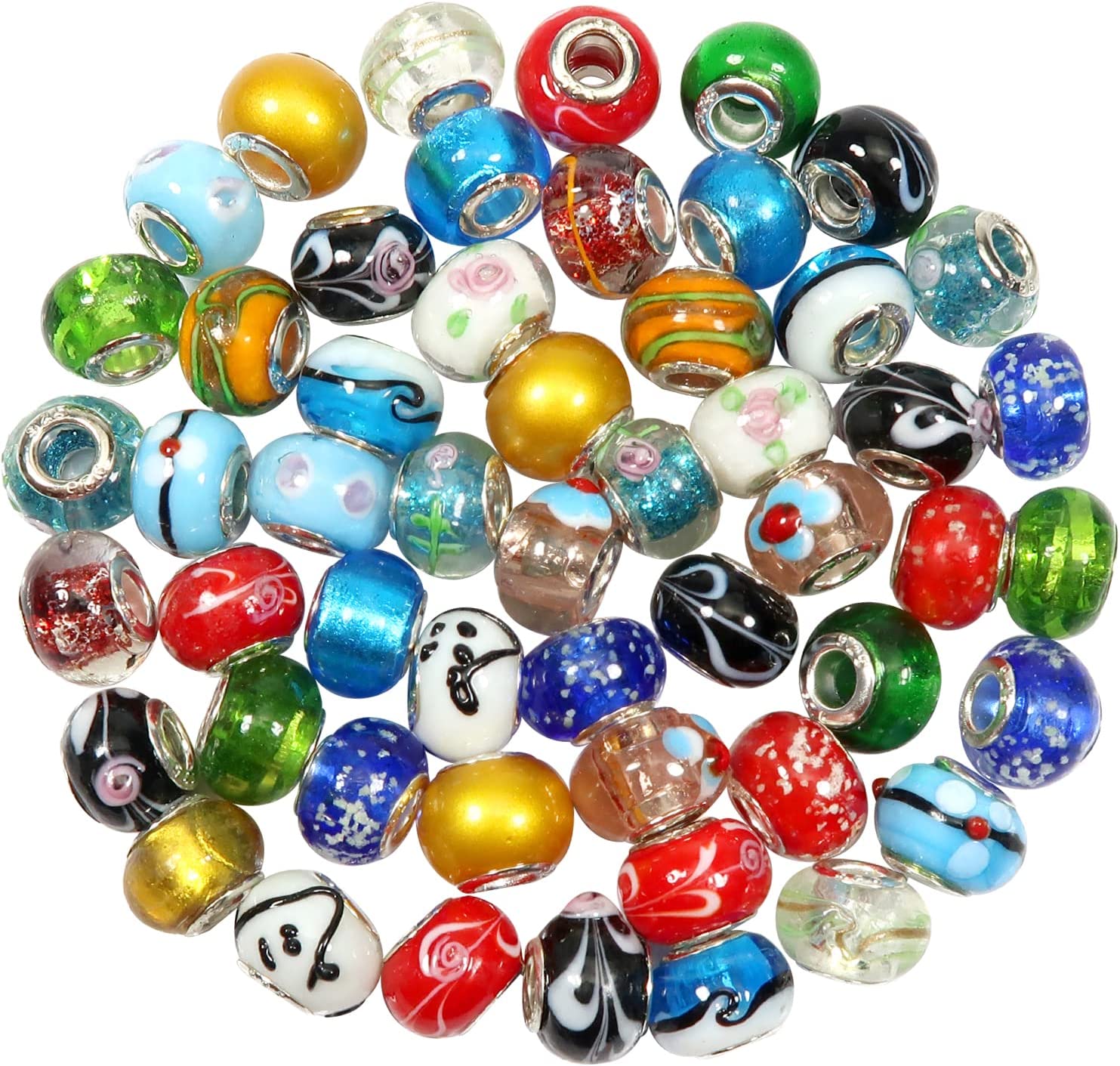 TOAOB 50pcs Assorted European Craft Beads Glass Large Hole Spacer Beads Assortments with Brass Silver Core for DIY Crafts Bracelet Necklace Jewelry Making image 0