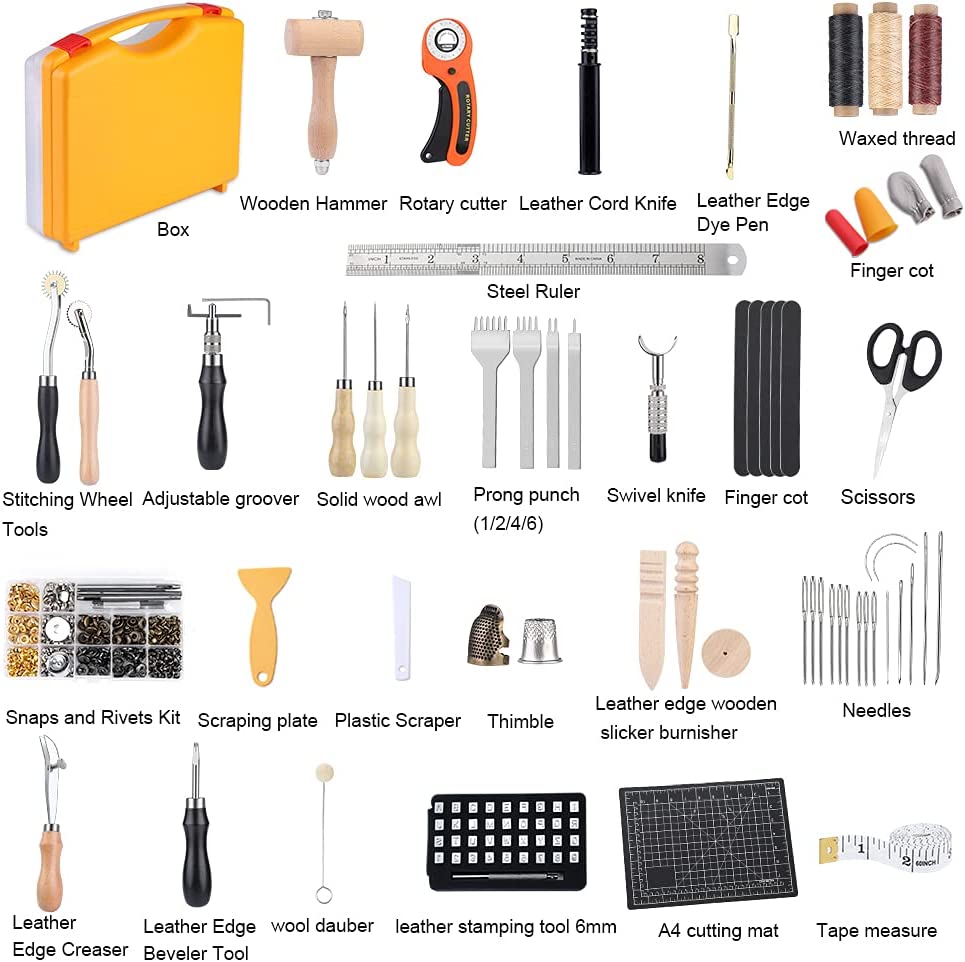 185 Pcs Leather Working Tools, Leather Working Tools and Supplies, Kit with Rotary Cutter and Mat, Hammer Stamping Tools, Awl, Tape Measure, Hand Stitching Tool Set for Sewing Leather Craft image 2