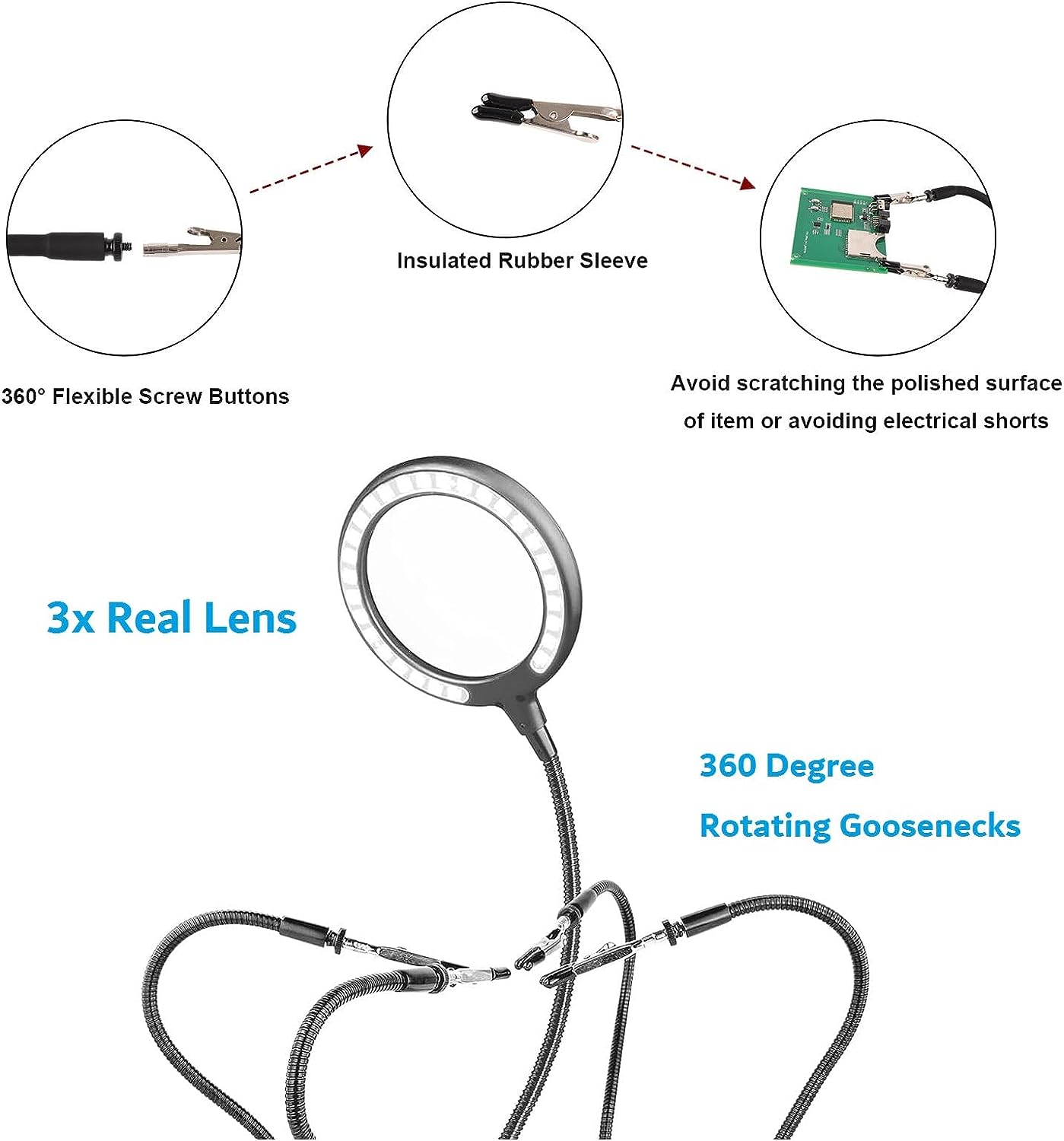 iklestar Helping Hands Soldering, Third Hand Soldering Tool with 3X LED Magnifying Lamp PCB Holder Flexible Metal Arms Adjustable Helping Hand for Electronic Soldering Repair Jewelry Crafts image 3