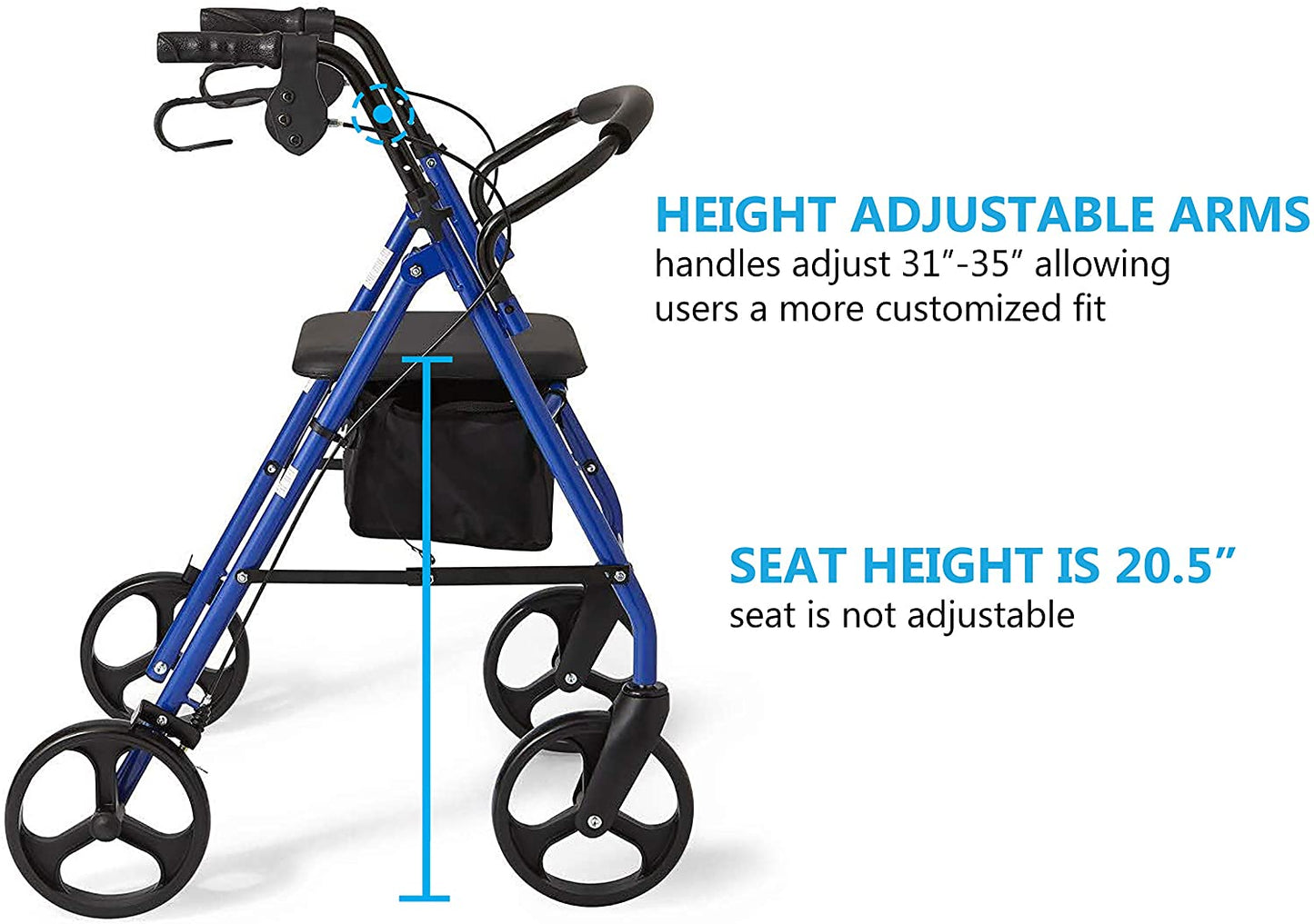 Medline Standard Steel Folding Rollator Adult Walker with 8 Wheels, Blue image 3