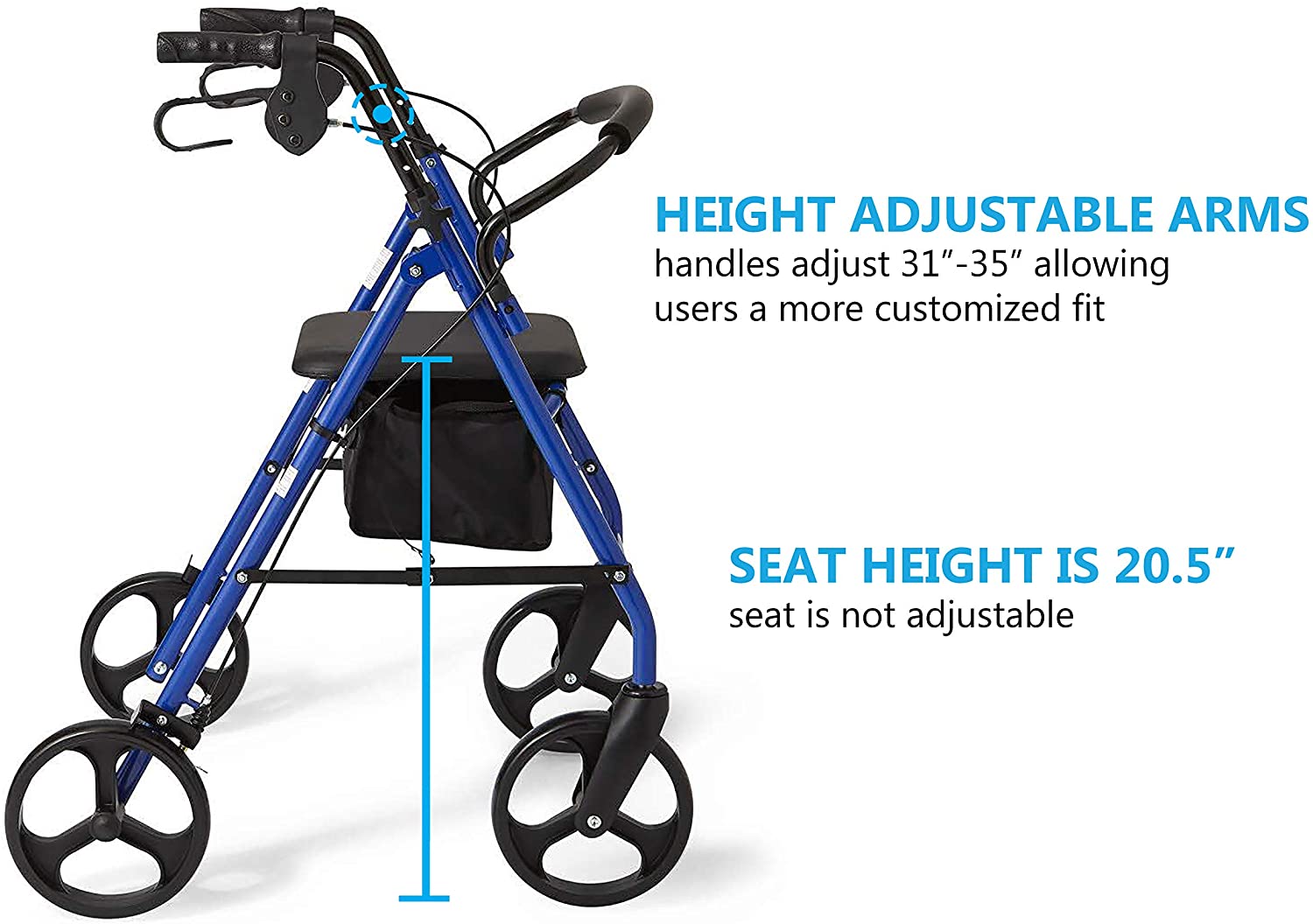 Medline Standard Steel Folding Rollator Adult Walker with 8 Wheels, Blue image 3