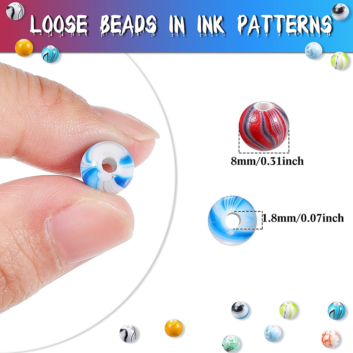 500 Pieces Acrylic Beads 8 mm Multicolor Acrylic Round Loose Beads for Bracelets and Necklaces Jewelry Making Supplies, Random Color (Ink Pattern) image 1