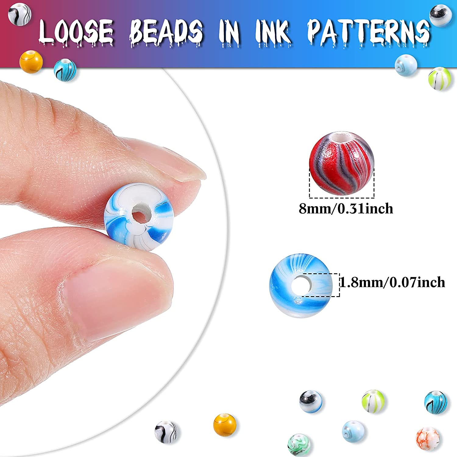 500 Pieces Acrylic Beads 8 mm Multicolor Acrylic Round Loose Beads for Bracelets and Necklaces Jewelry Making Supplies, Random Color (Ink Pattern) image 1