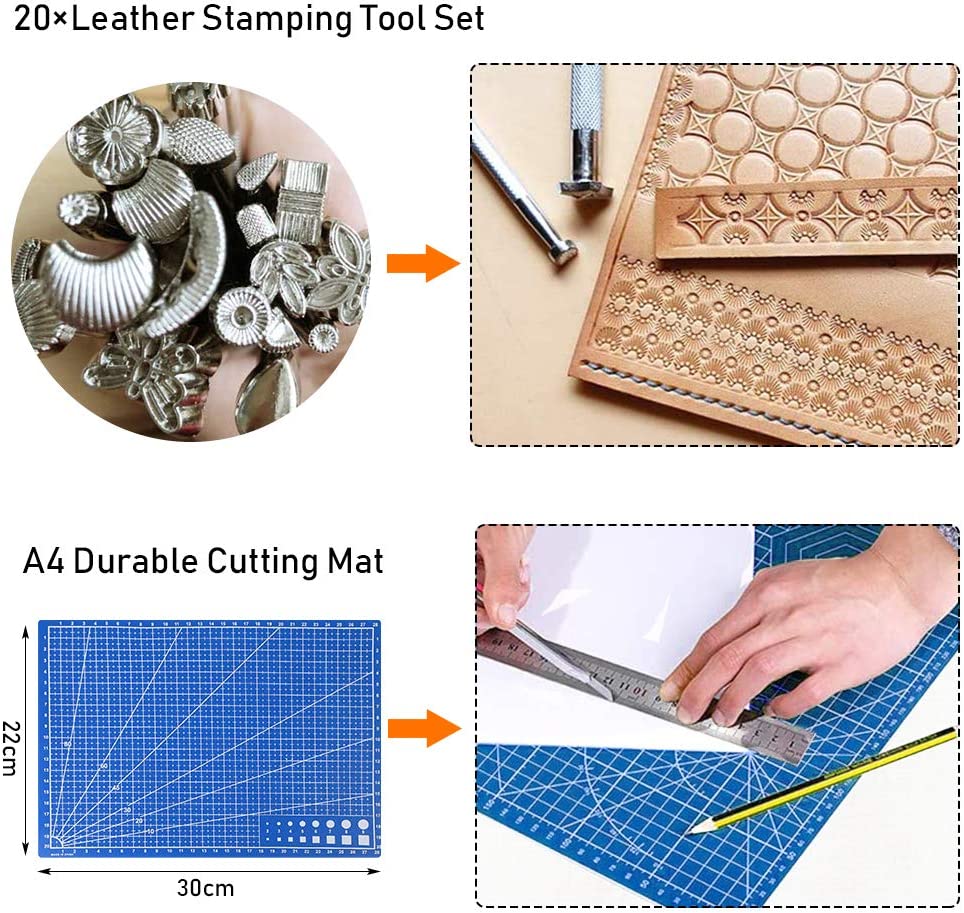 Leather Working Tools Kit 103 Pcs, Leather Craft DIY Tools with Stamping Tool, Cutting Mat, Snaps Rivets Kit, Stitching Groover, Waxed Thread, Leather Tool Kit for Stitching Punching Cutting Sewing image 3