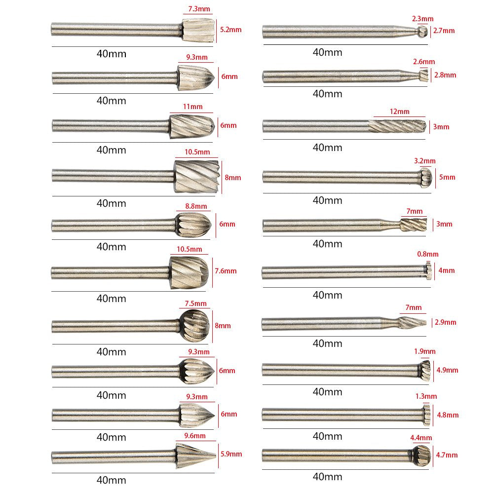 QLOUNI 20pcs Rotary Bit Burrs Set HSS Tungsten Carbide Wood Milling Burrs with 1/8’’(3mm) Shank for DIY Woodworking, Carving, Engraving, Drilling image 1
