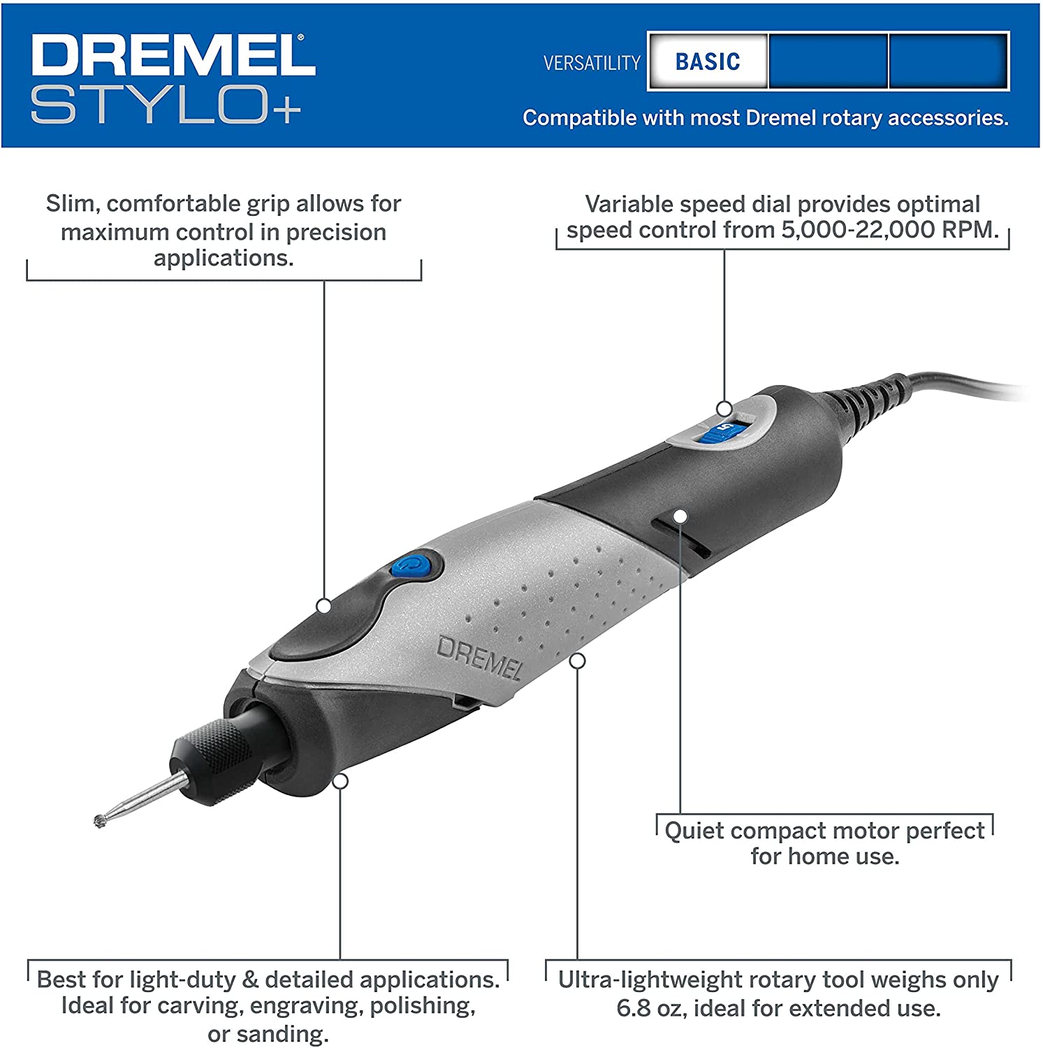 Dremel 2050-15 Stylo+ Versatile Craft Rotary Tool, Wood Carving Detail Tool, Perfect for Glass Etching, Leather Burnishing, Jewelry Making, Polishing, Woodworking and More Craft Projects , Gray image 2