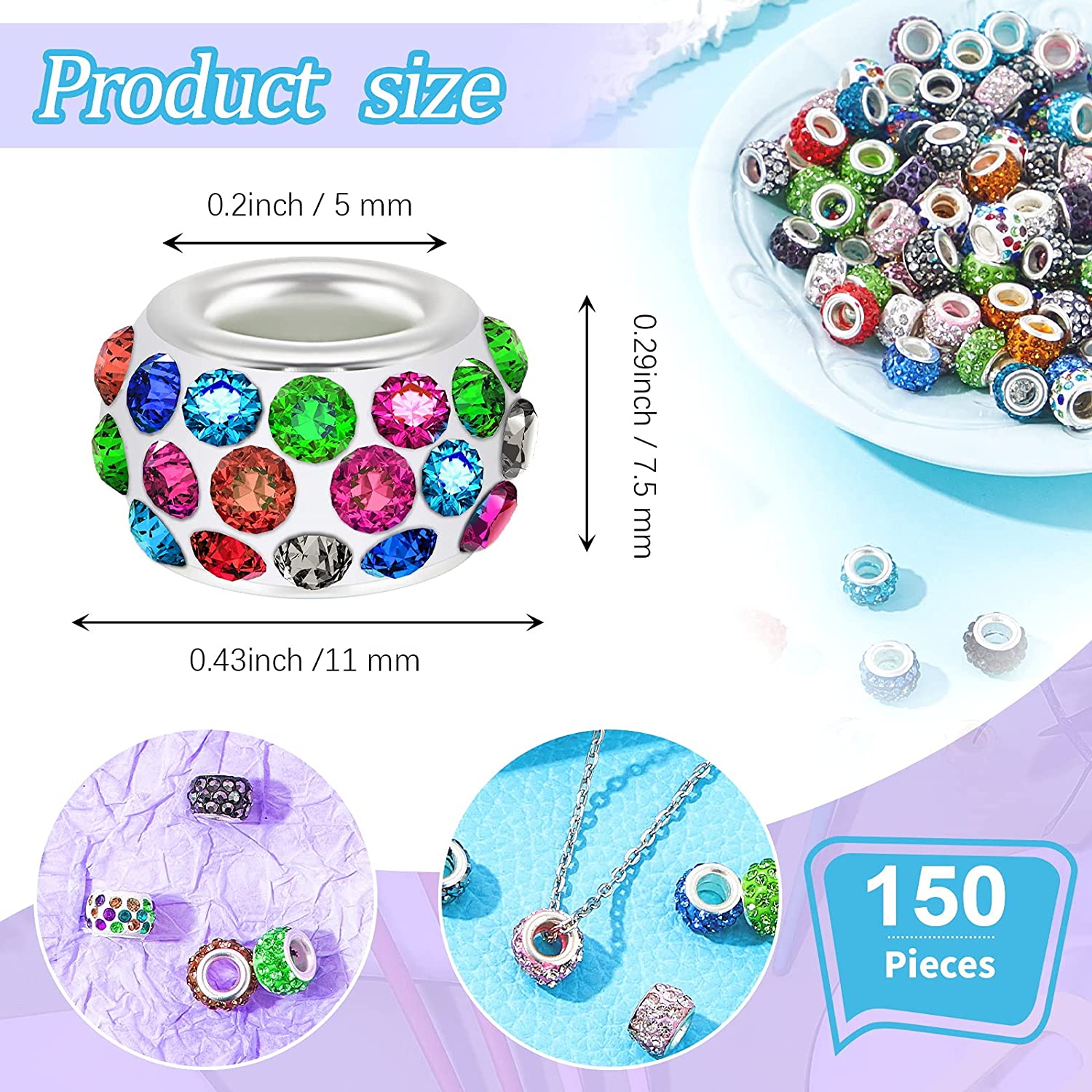 150 Pieces 12 mm Large Hole Rhinestone European Beads Large Hole Rondelle Spacer Beads Rondelle Slide Charm Beads Diamond Hair Beads Polymer Clay European Spacer Beads for DIY Jewelry (Mix Colors) image 1