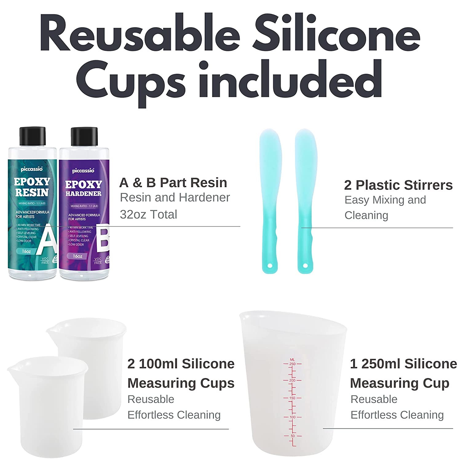 32oz Epoxy Resin Kit Piccassio - Crystal Clear Fast Cure High Gloss Casting Resin for Artists- Unparalleled Anti-Yellowing Resina Epoxica Transparente for Jewelry, DIY, etc with Reusable Silicone Cups image 2