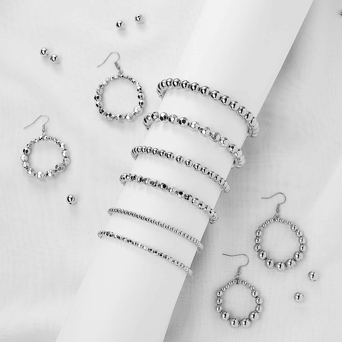1200 Pieces Spacer Beads Loose Beads Set Includes 600 Pieces Round Ball Smooth Beads and 600 Pieces Faceted Spacer Beads for Stackable Bracelet Jewellery Craft Making DIY, 8 mm, 6 mm, 4 mm (Silver) image 4