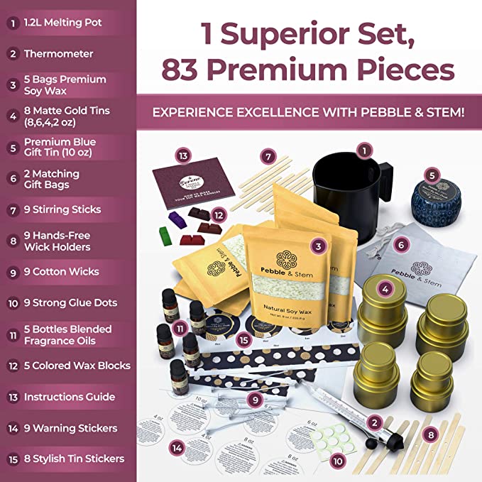Candle Making Kit, 83 Pieces - Makes 9 Scented Candles, DIY Arts and Crafts Kits for Adults and Teens, Soy Wax Candle Making Kit for Adults, Hobbies for Women by Pebble &amp; Stem image 2
