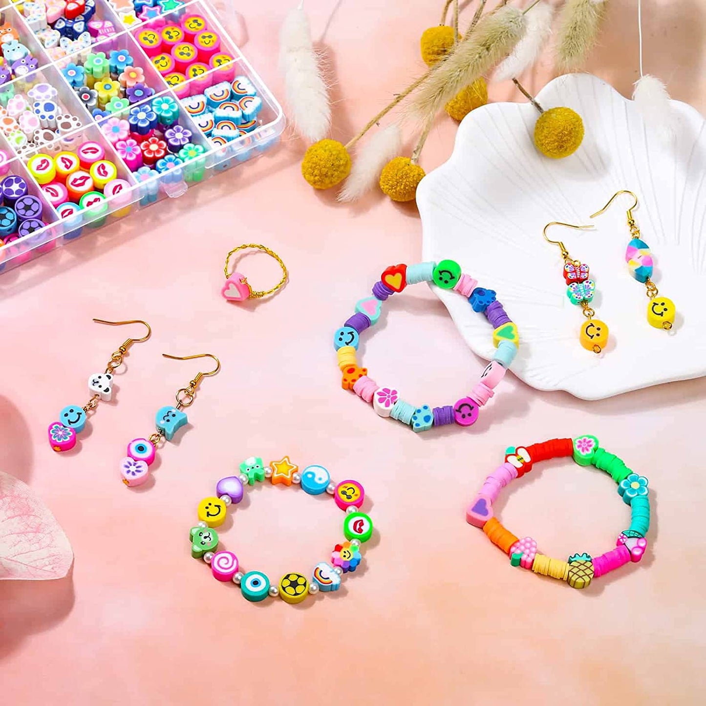 480 Pcs Fruit Flower Polymer Clay Beads, 24 Styles Trendy Cute Smiley Bead Charms for Bracelets Jewelry Necklace Earring Making with Elastic String image 6