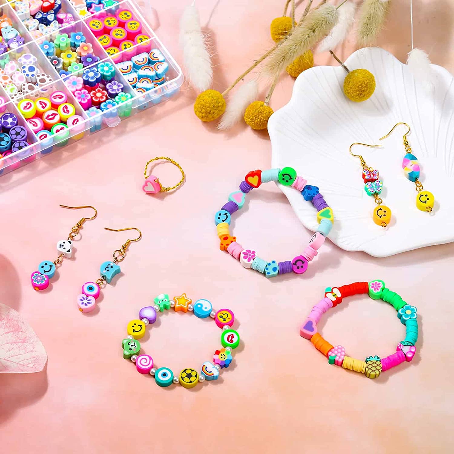 480 Pcs Fruit Flower Polymer Clay Beads, 24 Styles Trendy Cute Smiley Bead Charms for Bracelets Jewelry Necklace Earring Making with Elastic String image 6