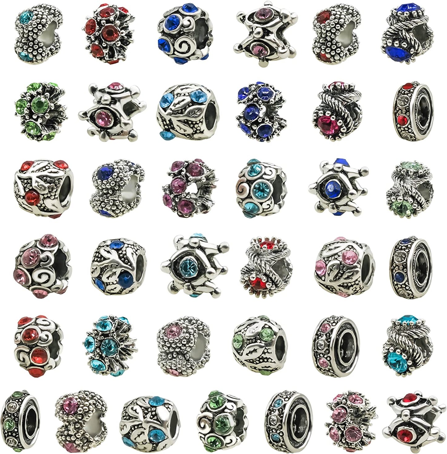 TOAOB 30pcs Assorted Antique Silver Rhinestone European Lampwork Charms Beads Large Hole Spacer Beads Charms Supplies for Bracelet Necklace Jewelry Making image 0
