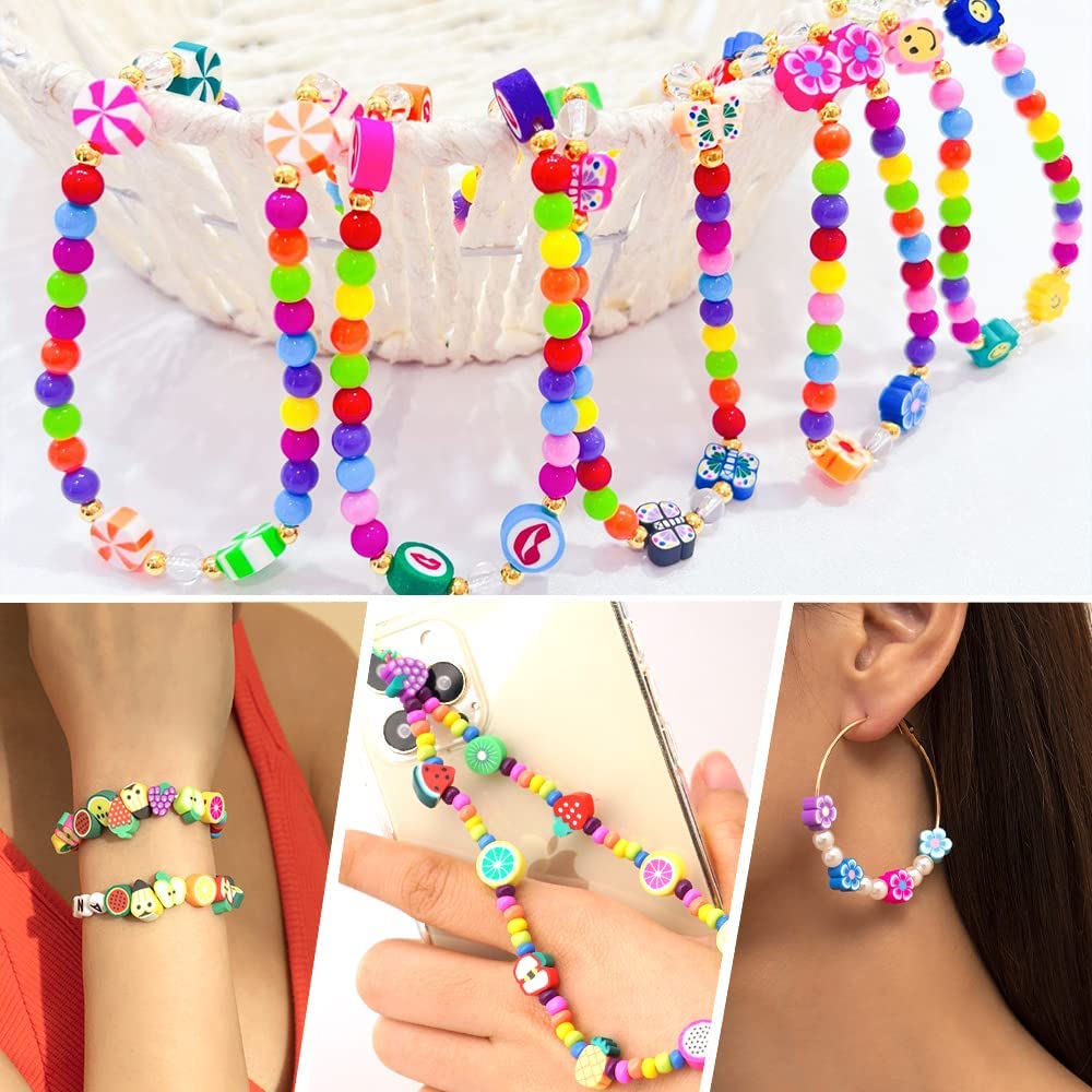 JOICEE 480PCS Fruit Flower Polymer Clay Beads, 24 Style Cute Smiley Heart Mushroom Clay Beads Charms for Jewelry Necklace Earring Making, DIY Bracelet Making Kit Accessories for Women Girls image 3