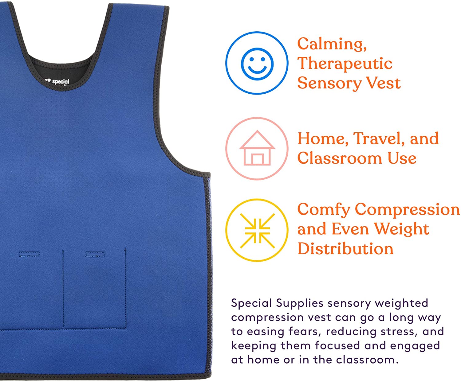 Special Supplies Weighted Sensory Compression Vest for Kids with Processing Disorders, ADHD, and Autism, Calming and Supportive with Adjustable Weight Fit (Small 17x30 inches) image 4