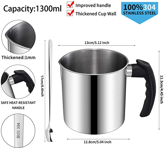 Candle Making Pouring Pot, DINGPAI 44oz Double Boiler Wax Melting Pot, 1pc Spoon, 304 Stainless Steel Candle Making Pitcher, Silver Color with Heat-Resistant Handle and Dripless Pouring Spout Design image 2