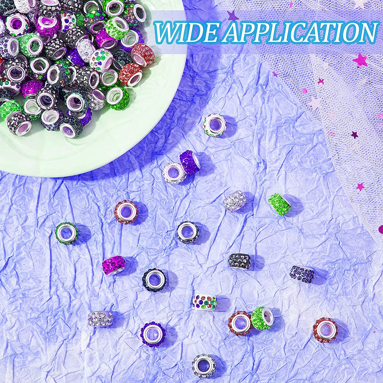 150 Pieces 12 mm Large Hole Rhinestone European Beads Large Hole Rondelle Spacer Beads Rondelle Slide Charm Beads Diamond Hair Beads Polymer Clay European Spacer Beads for DIY Jewelry (Mix Colors) image 2