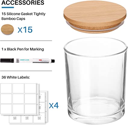 15 Pack, 6 OZ Thick Glass Jars with Airtight Bamboo Lids and Sticky Labels, Clear Empty Candle Jars for Making Candles, Spice Jars, Sample Container - Dishwash Safe image 4