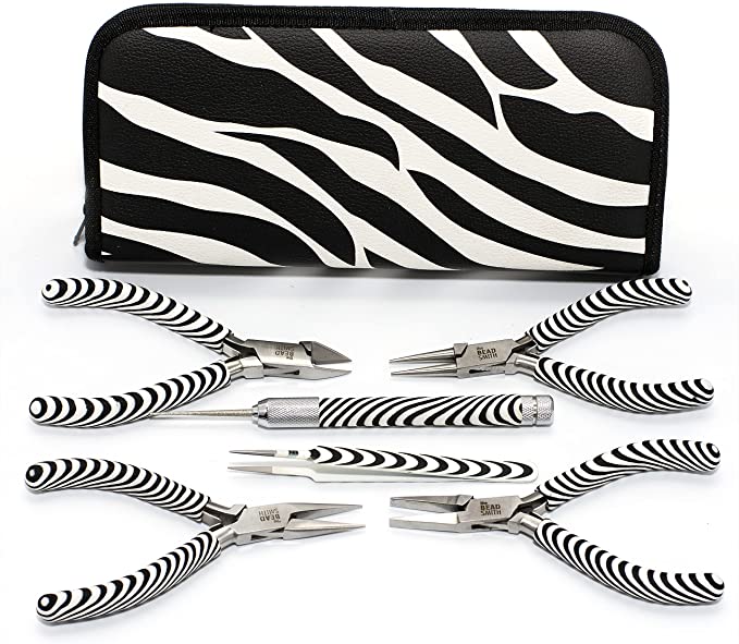 The Beadsmith Zebra Print Pliers – 6 Inch Tools, 6 Piece Kit: Chain Nose, Round Nose, Bent Chain Nose, Side Cutter, Tweezers &amp; Reamer with Zippered Pouch – Tools Set for Jewelry Making image 0